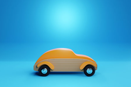 3d illustration of a child's toy red wooden car on the blue isolated background. Eco-friendly toy for parents and childrenの写真素材