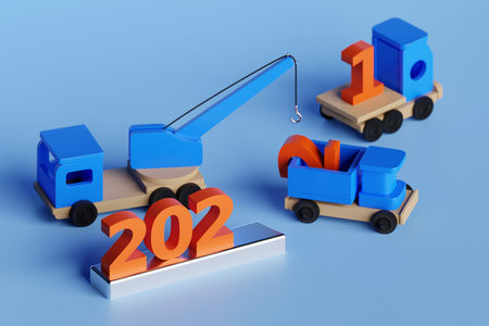 The concept of the arrival of 2022. Children's trucks and dump trucks bring the inscription 2022...