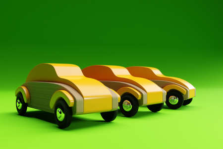 3D illustration set with vintage cars on the green isolated background. Eco-friendly toy for parents and childrenの写真素材