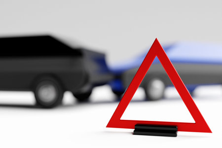 3d illustration concept of a car accident. Close-up of red emergency sign against car accident background on white backgroundの写真素材