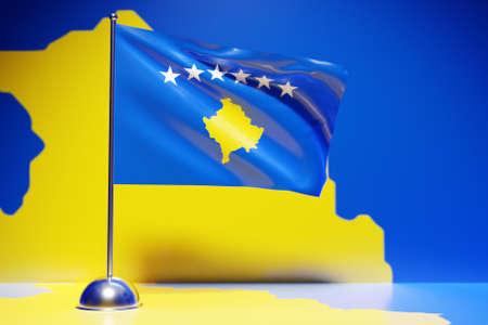 3D illustration of the national flag of Kosovo on a metal flagpole fluttering .Country symbol.の写真素材