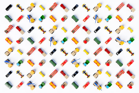 3d illustration of colorful models of children's cars of various types racing, trucks, pickups,...