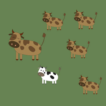Cute animals cows happy family, with father and children, daughters and son on green isolated background, vector illustration.のイラスト素材