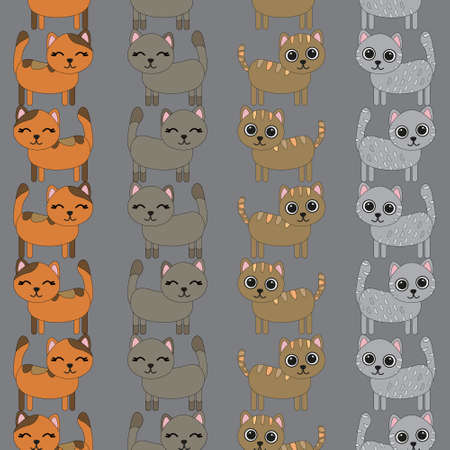 Pattern with painted colorful cats. Can be used for wallpaper, textiles, packaging, cards, covers. Small cute animal on a gray background.のイラスト素材