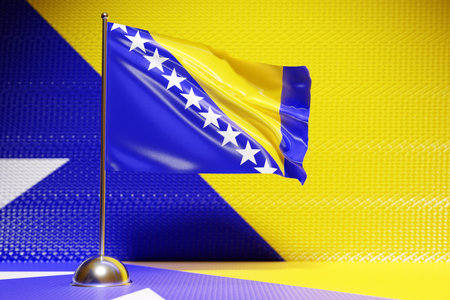 3D illustration of the national flag of Kosovo on a metal flagpole fluttering .Country symbol.の写真素材