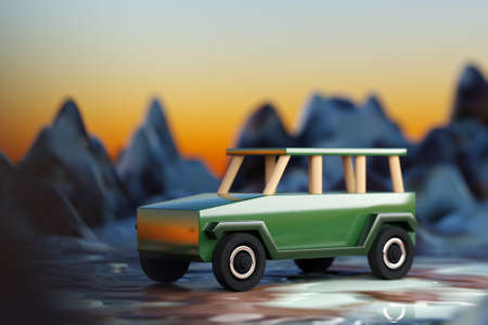 3d illustration of adventure off-road vehicle. Children's moel off-road cars on the background of mountainsの写真素材