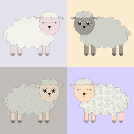 Set of vector brown cute sheeps on beige isolated background. Animal set.のイラスト素材