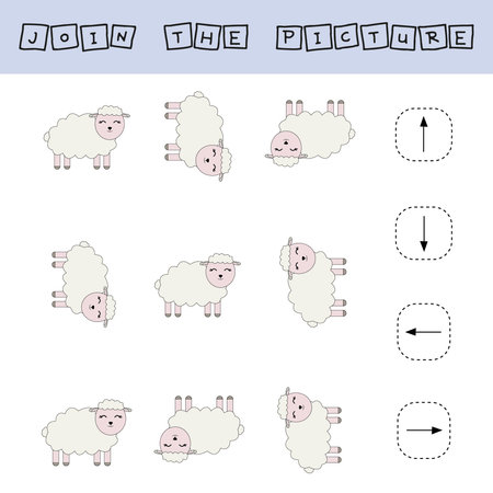 Match the pictures of pets sheeps and directions up, down, left and right. Printable worksheet. Flashcards for education.のイラスト素材