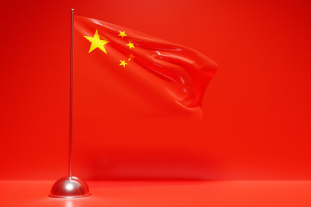 3D illustration of the national flag of China on a metal flagpole fluttering .Country symbol.の写真素材