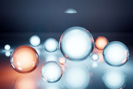 3d illustration geometric volumetric figures of lighting sphere with a shadow on blue backgroundの写真素材