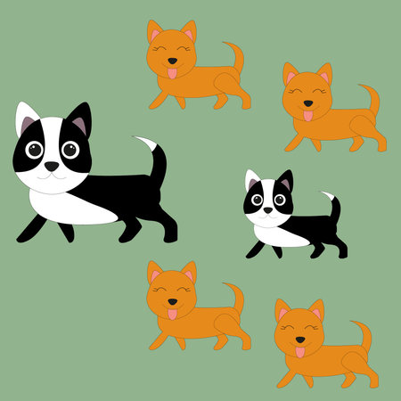 Cute animals dogs happy family, with father and children, daughters and son on green isolated background, vector illustration.のイラスト素材