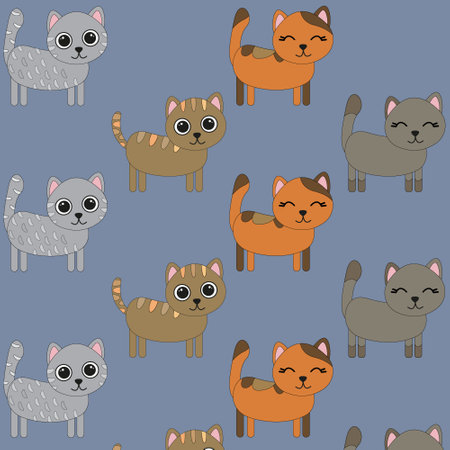 Pattern with painted colorful cats. Can be used for wallpaper, textiles, packaging, cards, covers. Small cute animal on a blue background.のイラスト素材