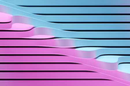 3d illustration of a stereo purple, blue stripes. Geometric stripes similar to waves. Abstract glowing crossing lines patternの写真素材