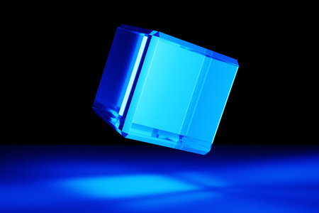 3d illustration blue lighting cube flying on black isolated background
