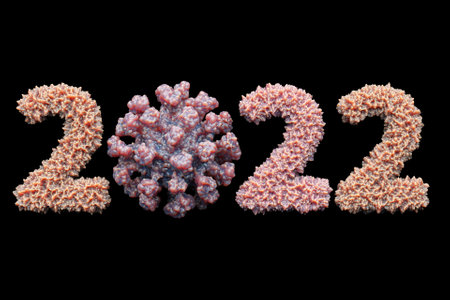 3D illustration close-up of a red Christmas balls in the form of coronavirus hanging on a Christmas tree. New Year and Christmas concept. Beautifully decorated Christmas treeの写真素材