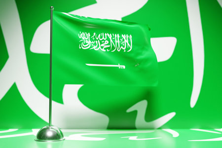 3D illustration of the national flag of Saudi Arabia on a metal flagpole fluttering .Country symbol.