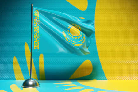 3D illustration of the national flag of Kazakhstan on a metal flagpole fluttering .Country symbol.の写真素材