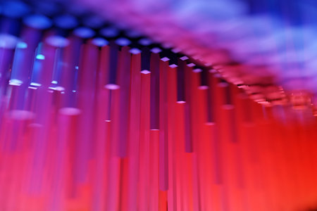 3d illustration of pink and blue glowing color lines, soft focus. Musical line equalizers on black...