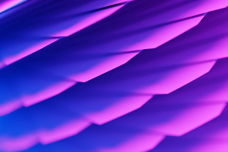 3d illustration of a stereo purple and blue stripes. Geometric stripes similar to waves. Abstract glowing crossing lines patternの写真素材