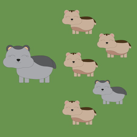 Cute animals hamsters happy family, with father and children, daugthers and son on green isolated background, vector illustration.のイラスト素材