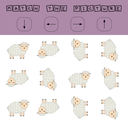 Match the pictures of pets sheeps and directions up, down, left and right. Printable worksheet. Flashcards for education.のイラスト素材