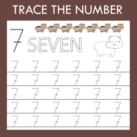 Number seven stroke worksheet with hamsters for fine motor skills kids. Educational game for preschoolers.のイラスト素材