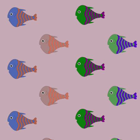 Pattern with painted colorful fishes. Can be used for wallpaper, textiles, packaging, cards, covers. Small cute animal on a blue background.のイラスト素材