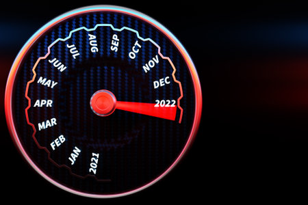 3D illustration Close up Instrument automobile panel with speedometer, tachometer, which says Merry Christmas 2021, 2022. The concept of the new year and Christmas in the automotive fieldの写真素材