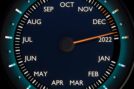 3D illustration close up black speedometer with cutoffs 2021,2022 and calendar months. The concept...