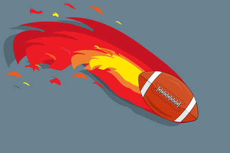 Close-up vector illustration of a rugby ball flying at high speed behind it with a fiery tail on a gray background. Sport equipmentのイラスト素材
