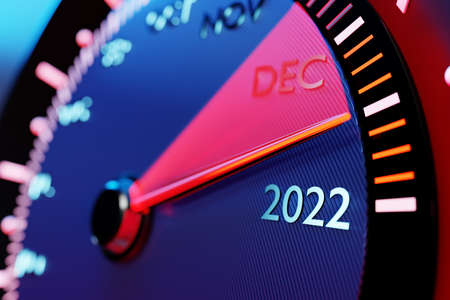 3D illustration of a detailed speedometer close-up showing the end of 2021 and the beginning of 2022. Counting months, time until the new yearの写真素材