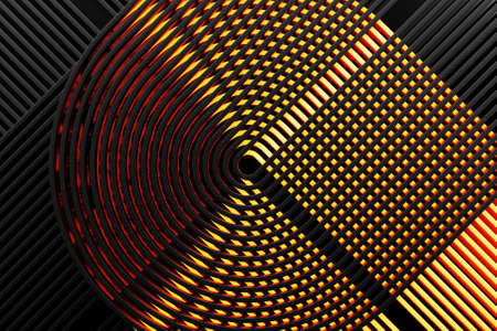 3d illustration of a stereo black and gold round stripes. Geometric stripes similar to waves. Abstract glowing crossing lines patternの写真素材
