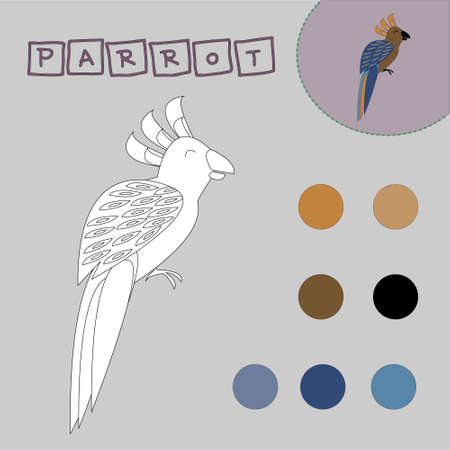 Coloring book of a cheerful wild bird parrot. Educational creative games for preschool childrenのイラスト素材