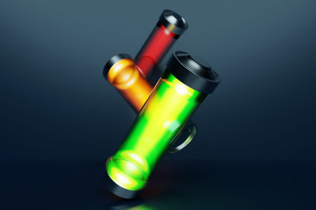 3D illustration of a close-up of multicolored batteries on a dark background. An unsafe way to use...