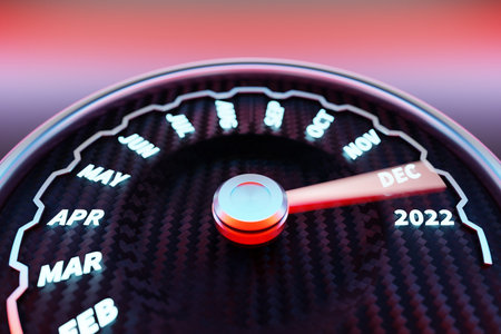 3D illustration close up black speedometer with cutoffs 2021,2022 and calendar months. The concept...
