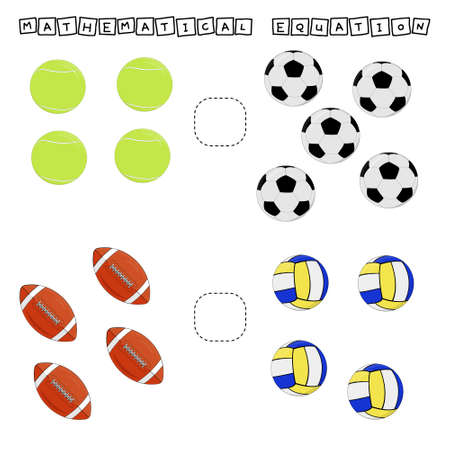 Which is greater, less or equal game with tennis, football, volleyball and rugby balls. Worksheet for preschool kids, kids activity sheet, printable worksheetのイラスト素材