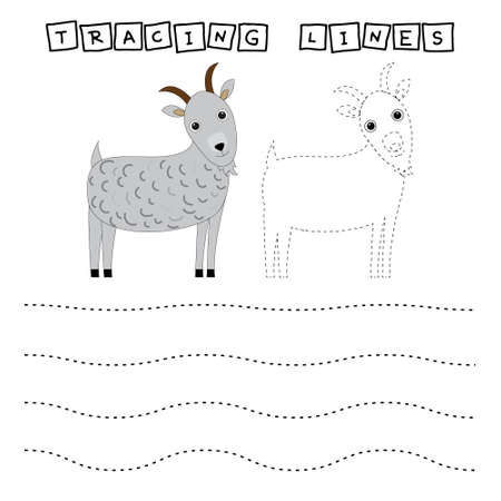 Tracing lines game with funny goats. Worksheet for preschool kids, kids activity sheet, printable worksheetのイラスト素材
