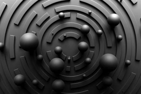 3d illustration of a black circular corridor - puzzle with bubbles. 3D Labyrinth with volumetric walls. Dungeon escape or puzzle level design.の写真素材