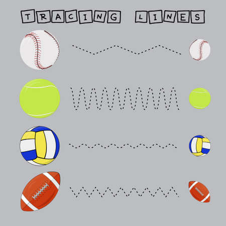 Trace line worksheet with baseball, tennis, volleyball and rugby balls for kids, practicing fine motor skills. Educational game for preschool children.のイラスト素材