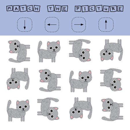 Match the pictures of pets cats and directions up, down, left and right. Printable worksheet. Flashcards for education.のイラスト素材