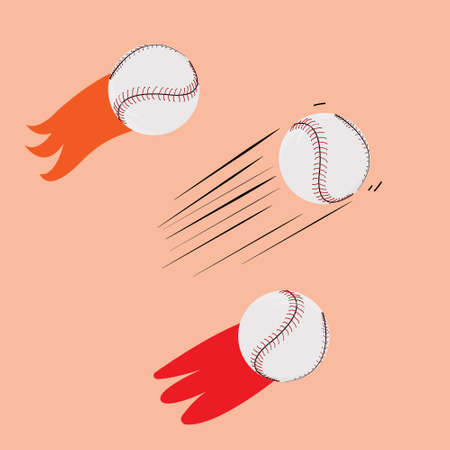 Close-up vector illustration set of a baseball balls flying at high speed behind it with a fiery tail on a orange background. Sport equipmentのイラスト素材
