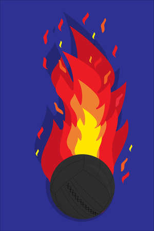 Close-up vector illustration of a black medical ball flies at high speed behind it a fiery tail on a blue background. Sport equipmentのイラスト素材