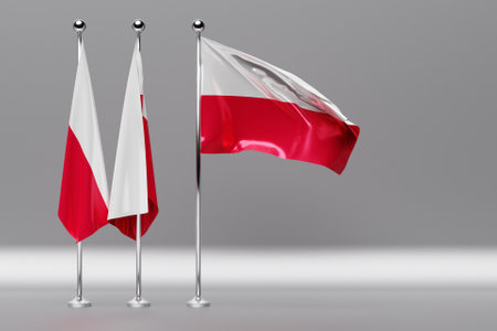 3D illustration of the national flag of Poland on a metal flagpole fluttering .Country symbol.の写真素材