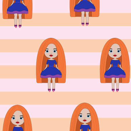 Seamless pattern of cartoon dolls on a striped background. cute little girls pattern, design for kidsのイラスト素材