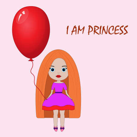 Cartoon doll with red hair and an air balloon on a monochrome background. cute little doll princess, design for childrenのイラスト素材