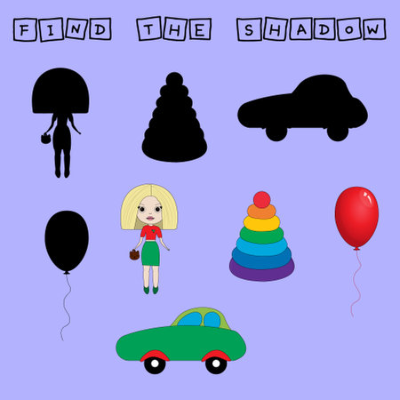 Find a pair or shadow game with funny colorful toys. Worksheet for preschool kids, kids activity sheet, printable worksheetのイラスト素材