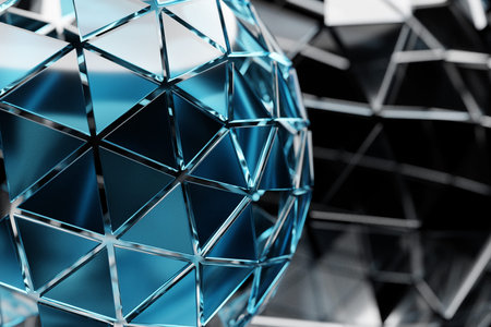3D illustration of a blue glass ball with many faces, crystals scatter on a black background. Cyber ball sphereの写真素材