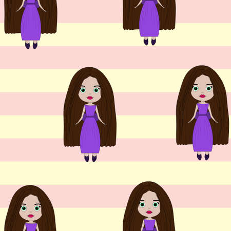 Seamless pattern of cartoon dolls on a striped background. cute little girls pattern, design for kidsのイラスト素材