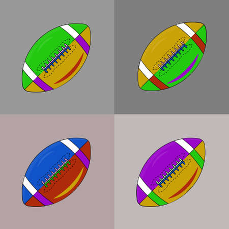 Set of vector brown multi-colored rugby balls on a gray background. Set of bright balls, sports equipmentのイラスト素材