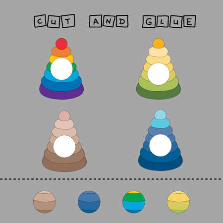 worksheet vector design, the task is to cut and glue a piece on colorful pyramids. Logic game for children.のイラスト素材